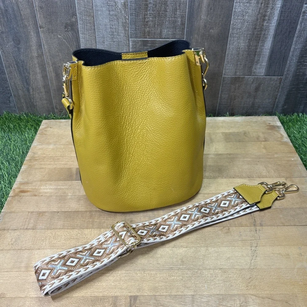 Made in Italy Mustard Yellow Genuine Leather Bucket Shoulder Bag Boho Retro